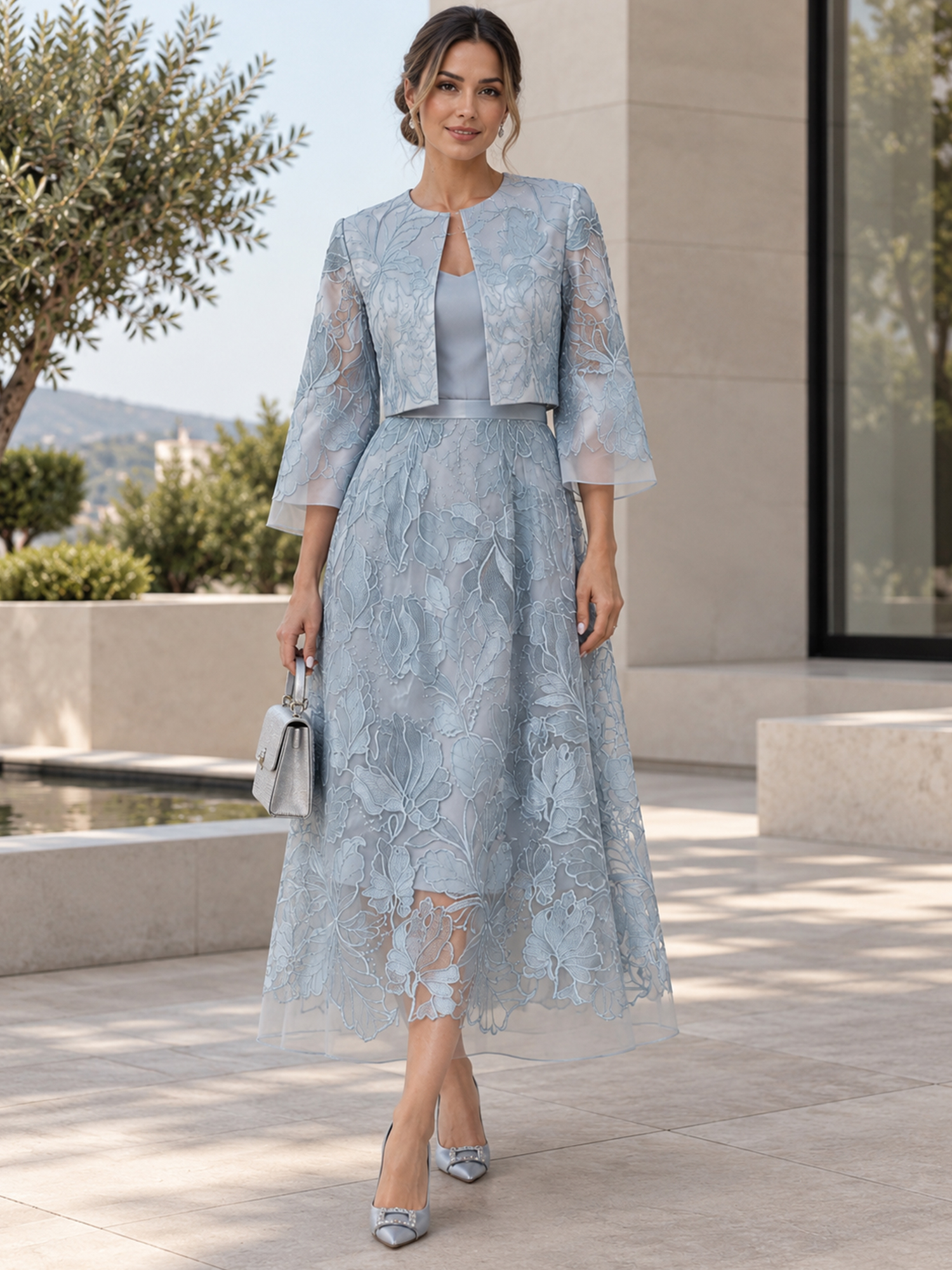 Dusty Blue Round Neck 3/4 Flared Sleeve Floral Embroidered Two-Piece A-Line Midi Dress