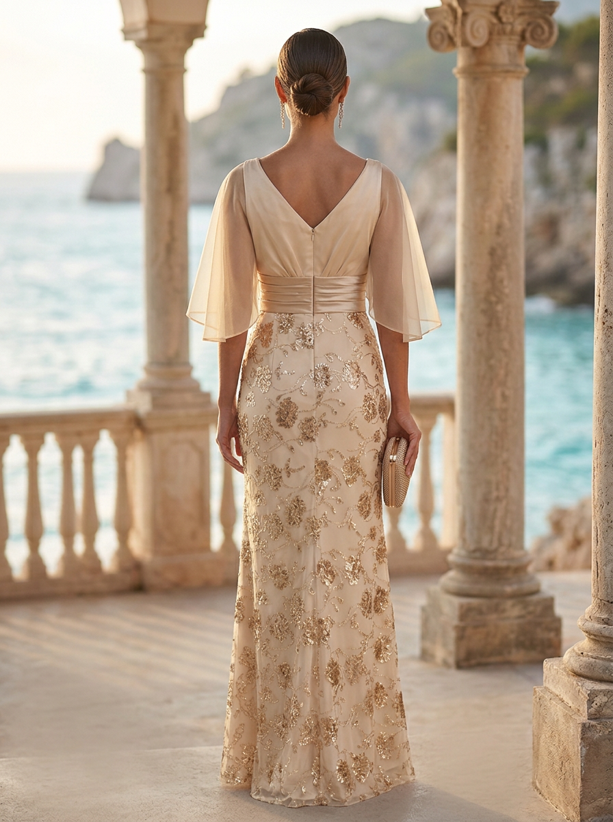 Champagne-colored Boat-neck Floral Lace Maxi Dress