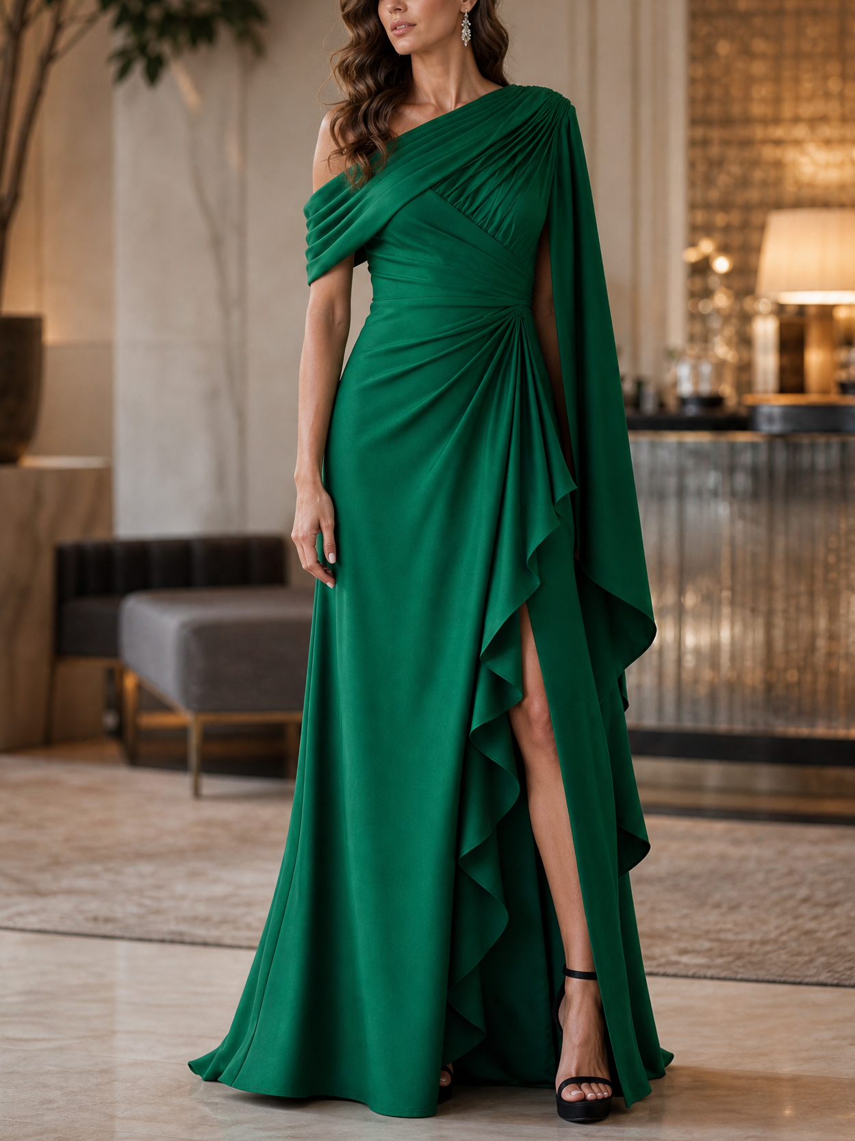 Emerald Green One Shoulder Draped Cape Sleeve Ruched Ruffle High Slit Maxi Evening Gown