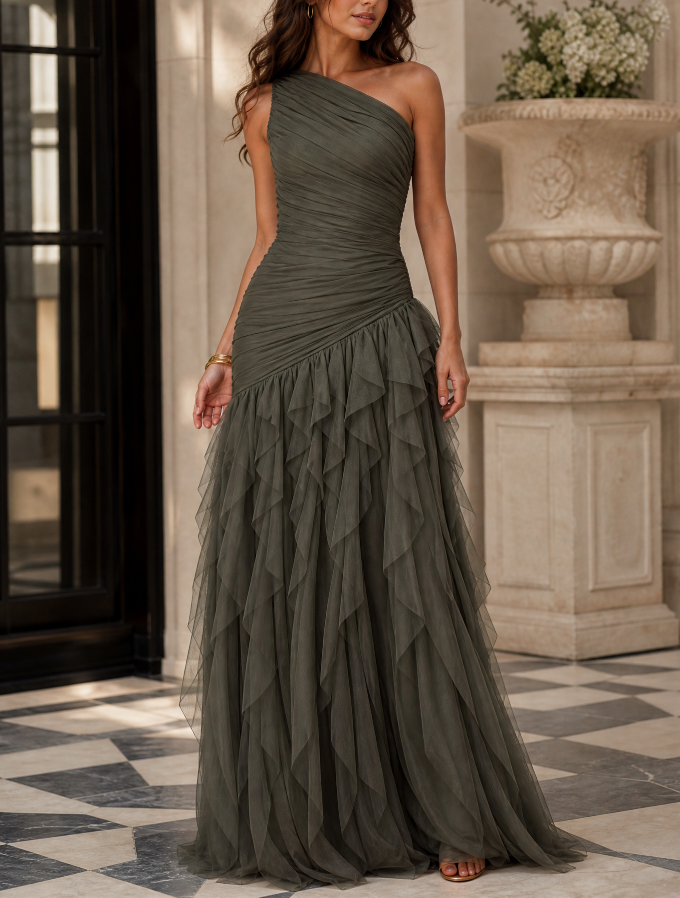 Emerald Green One-Shoulder Ruched Asymmetric Ruffle Chiffon Floor-Length Gown Dress