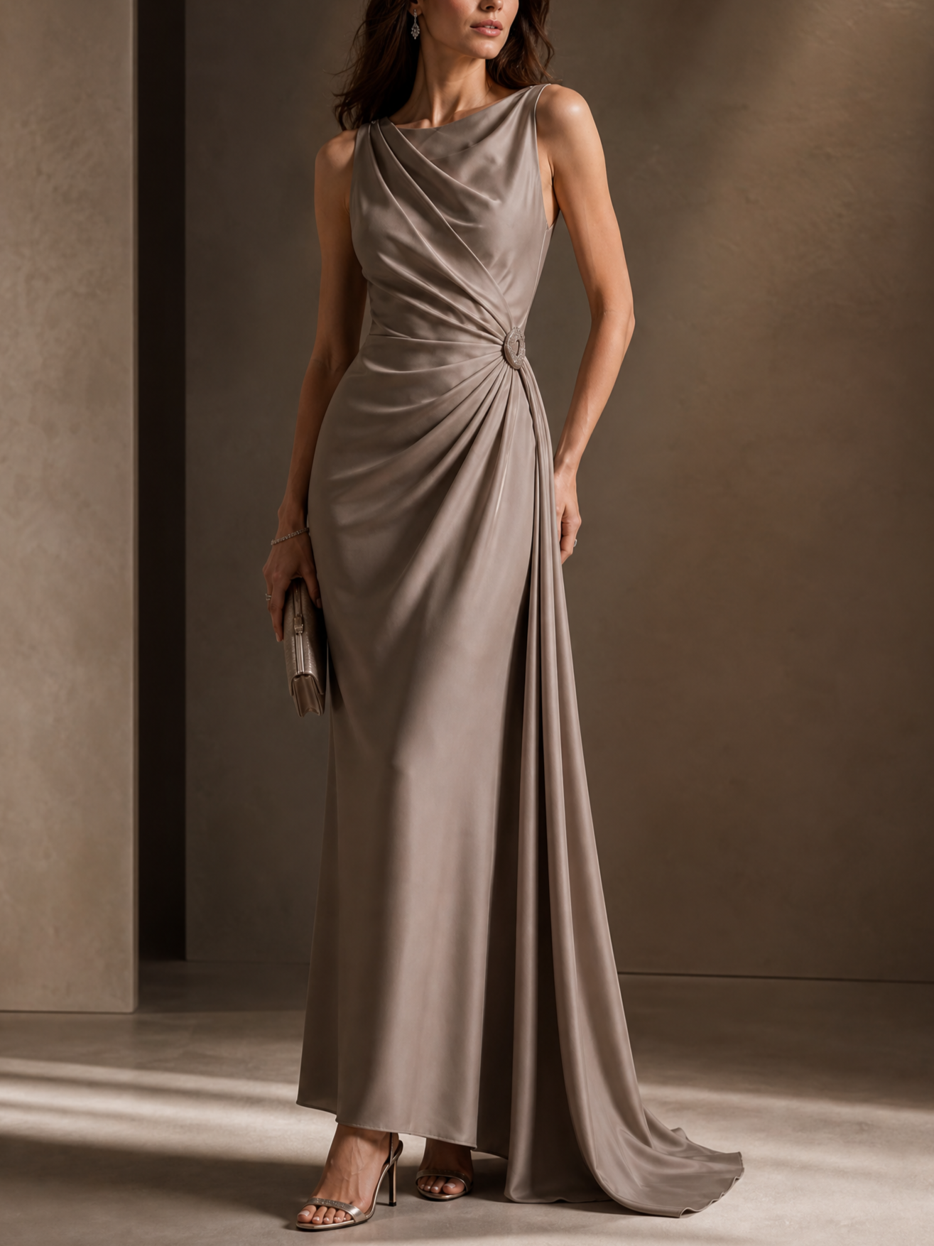 Taupe Draped Cowl-Neck Sleeveless Sheath Maxi Evening Gown Dress