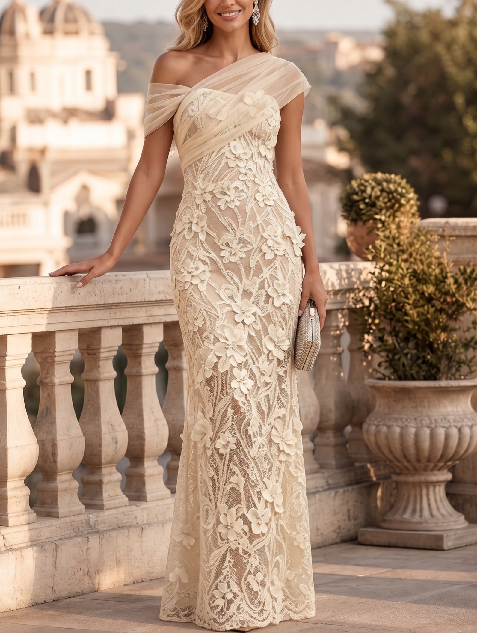 Beige 3D Floral Mesh Lace Asymmetrical Short Sleeve Mermaid Maxi Dress