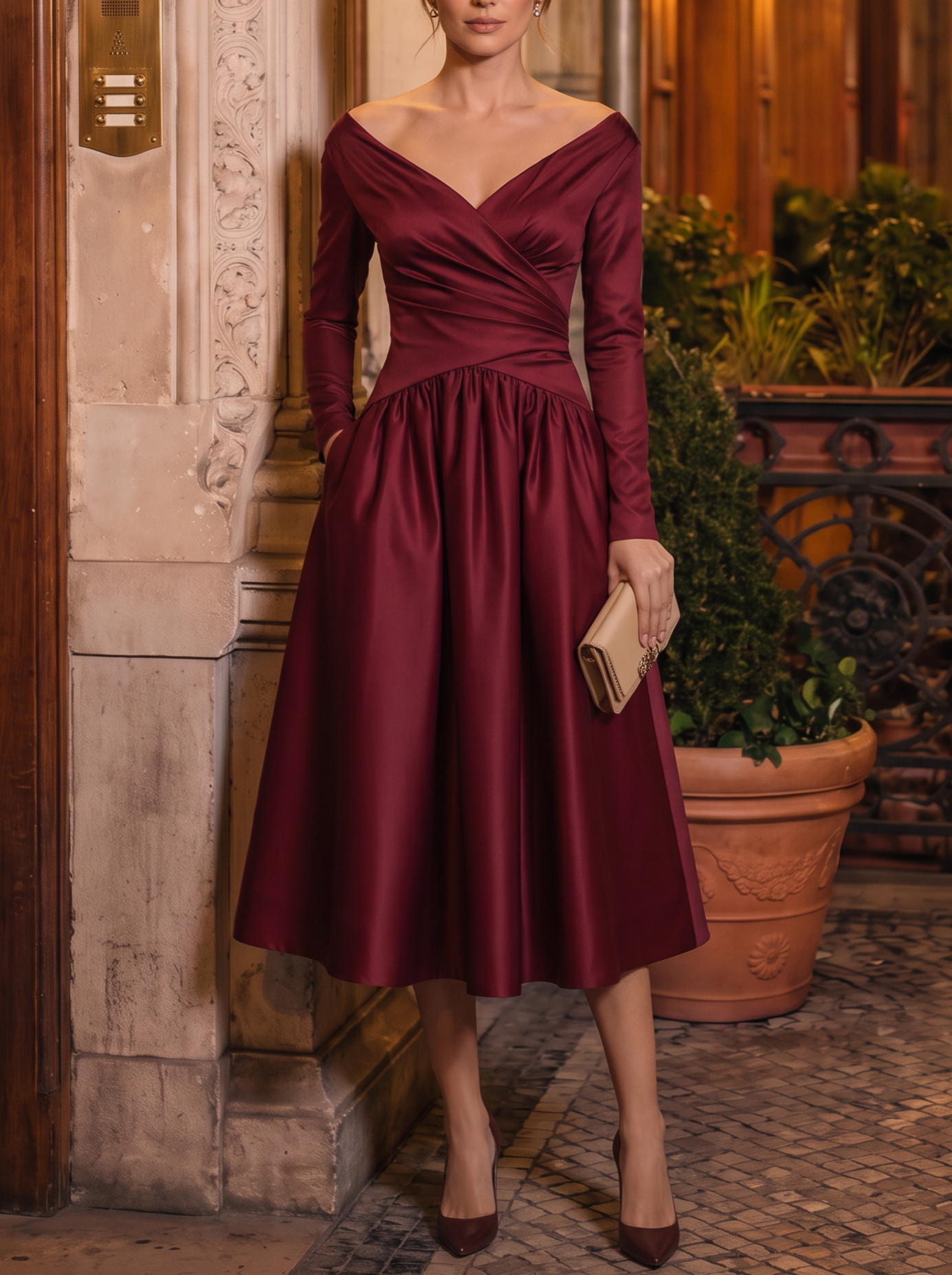 Burgundy Ruched Classic V Neck Long Sleeve A-Line Midi Dress