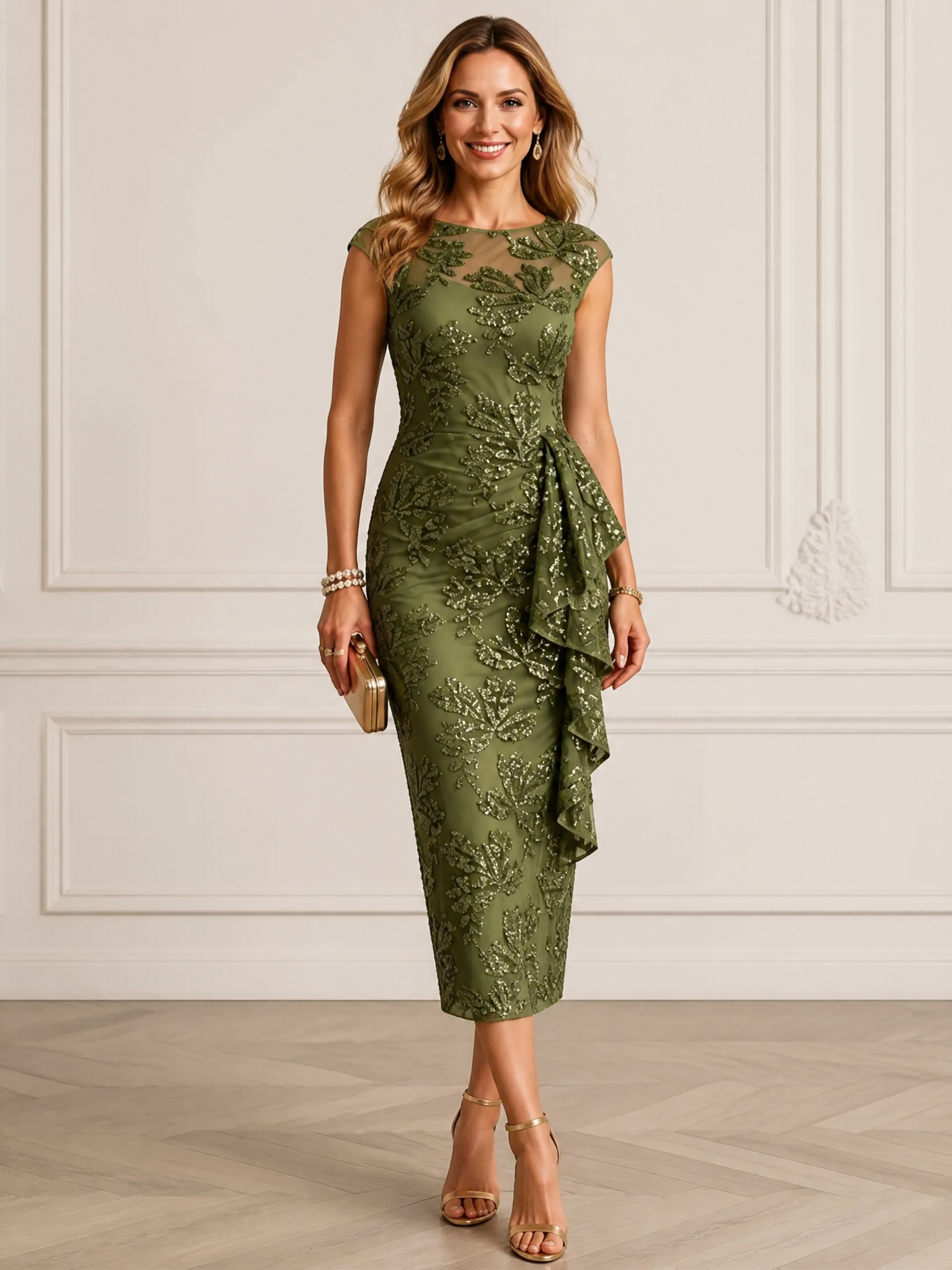 Olive Green Sequin Lace Illusion Boat Neck Cap Sleeve Tea‑Length Midi Dress