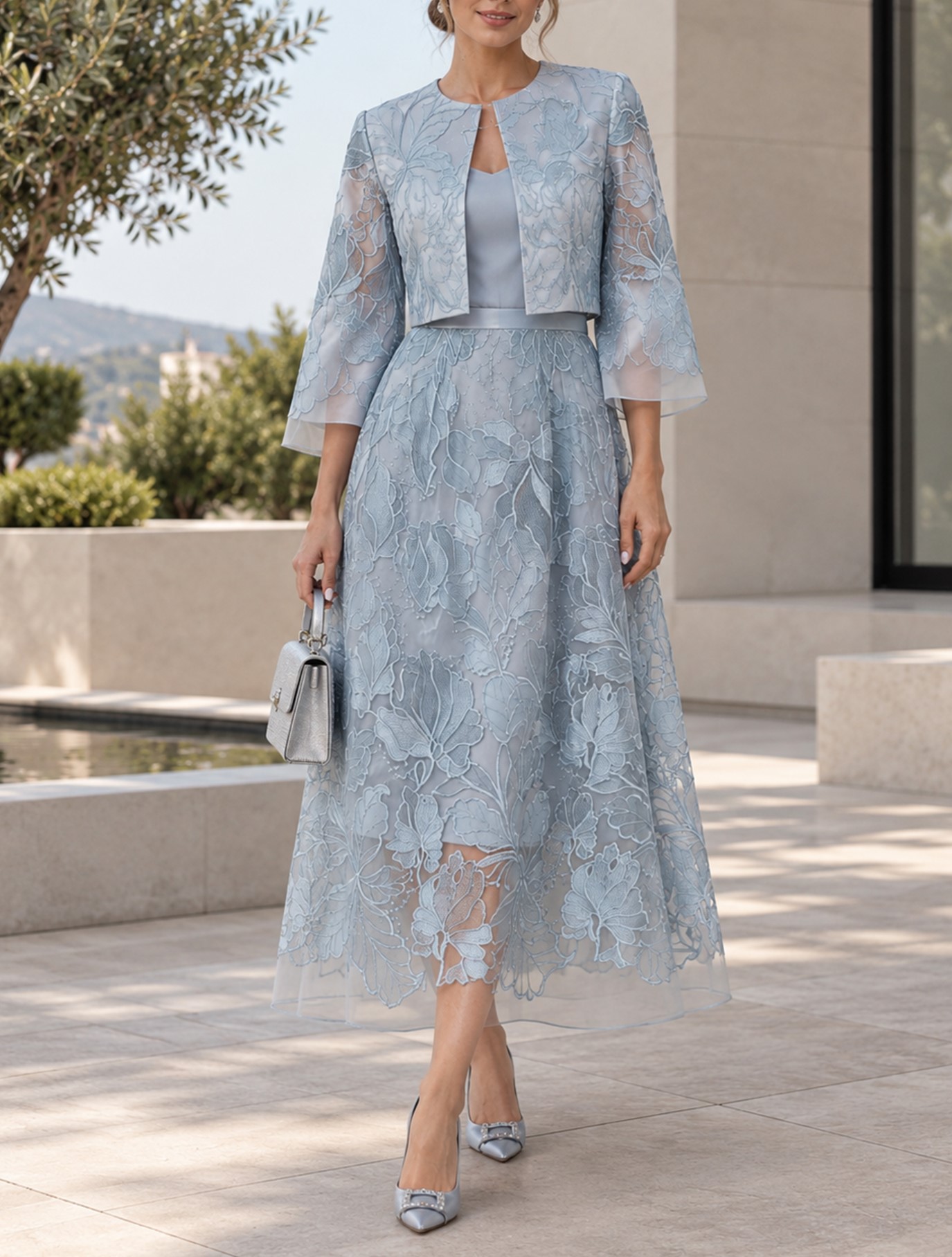 Dusty Blue Round Neck 3/4 Flared Sleeve Floral Embroidered Two-Piece A-Line Midi Dress