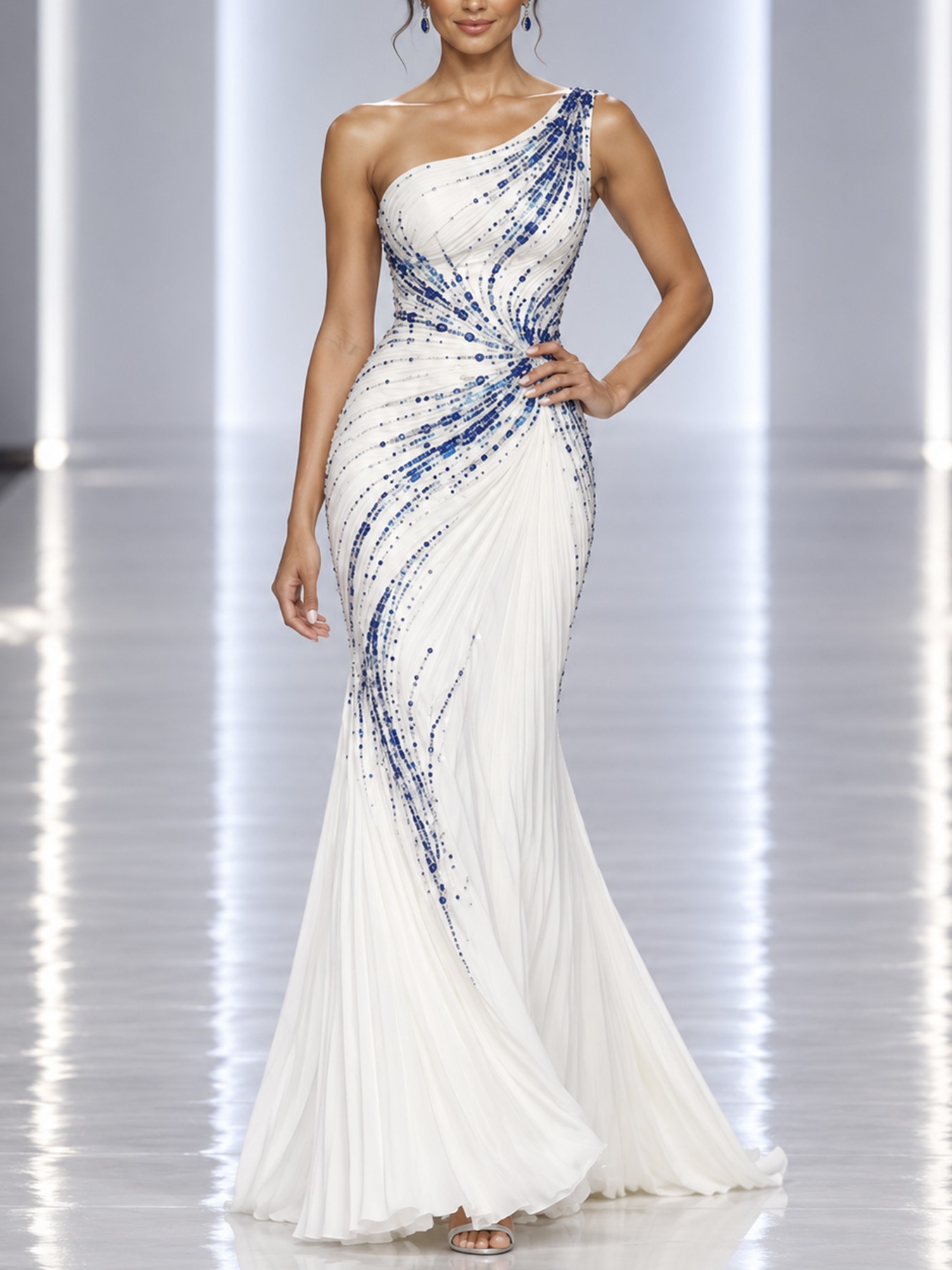 White One-Shoulder Sleeveless Blue Beaded Mermaid Maxi Dress