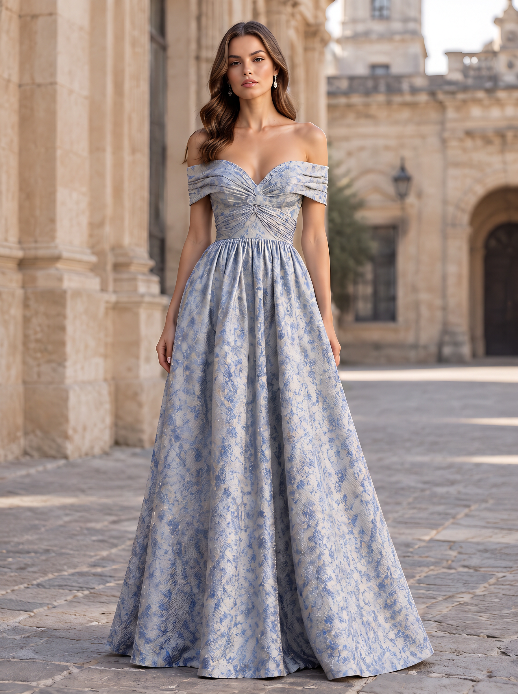 Light Blue Off Shoulder Brocade A-Line Maxi Dress