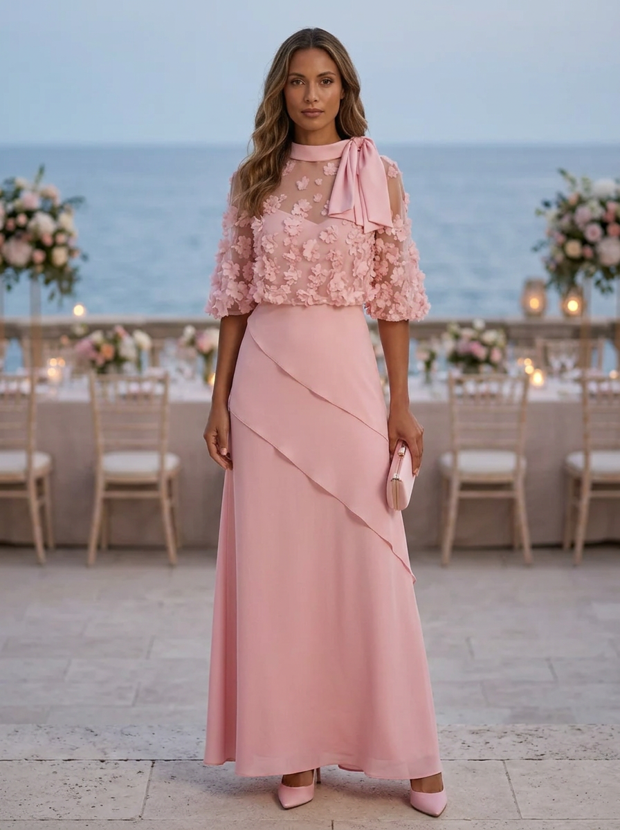 Blush Pink Floral Lace Bow Three-Quarter Sleeve Maxi Dress