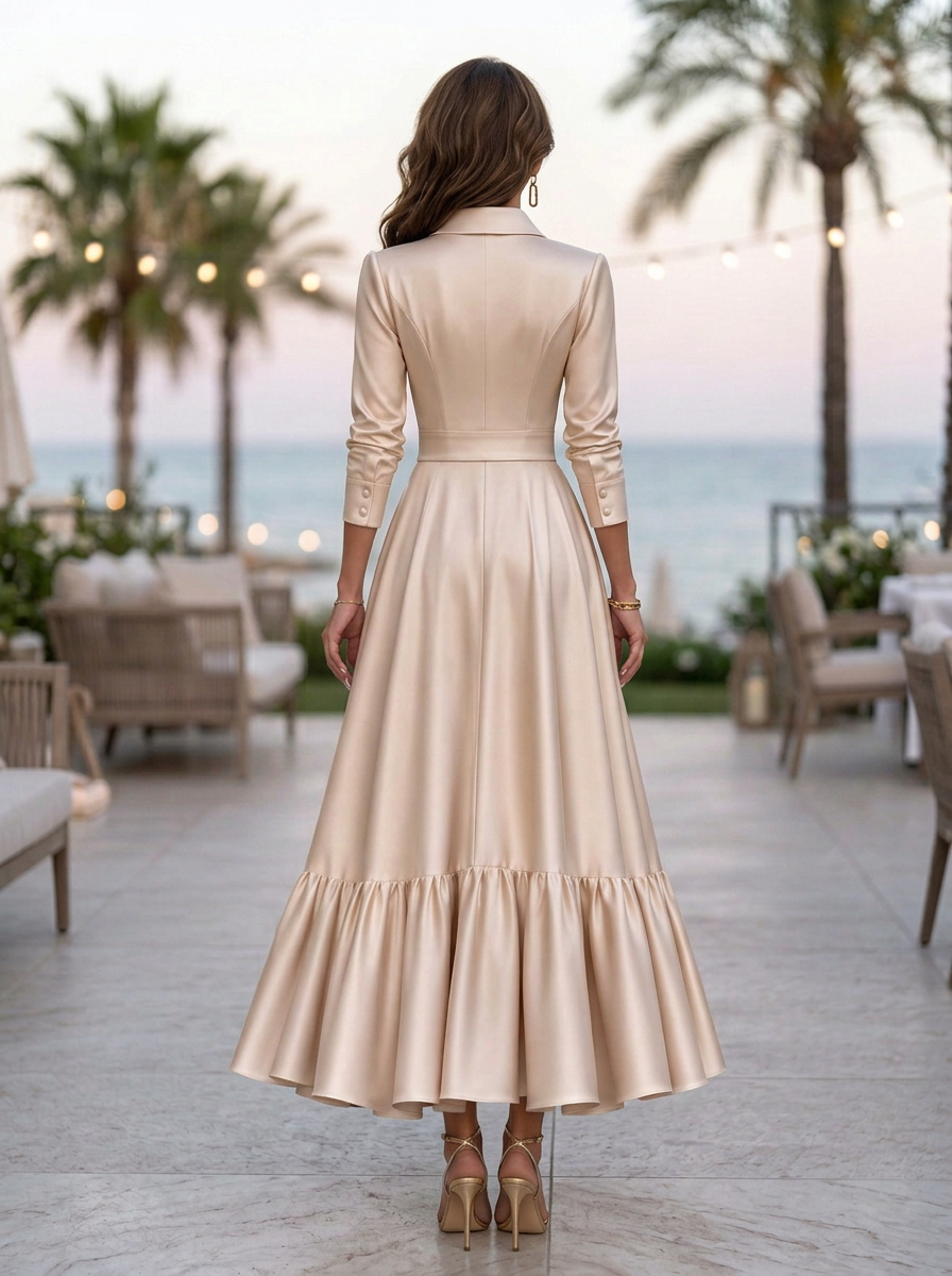 Champagne Collared 3/4 Sleeve Ruffle A Line Floor-Length Maxi Dress