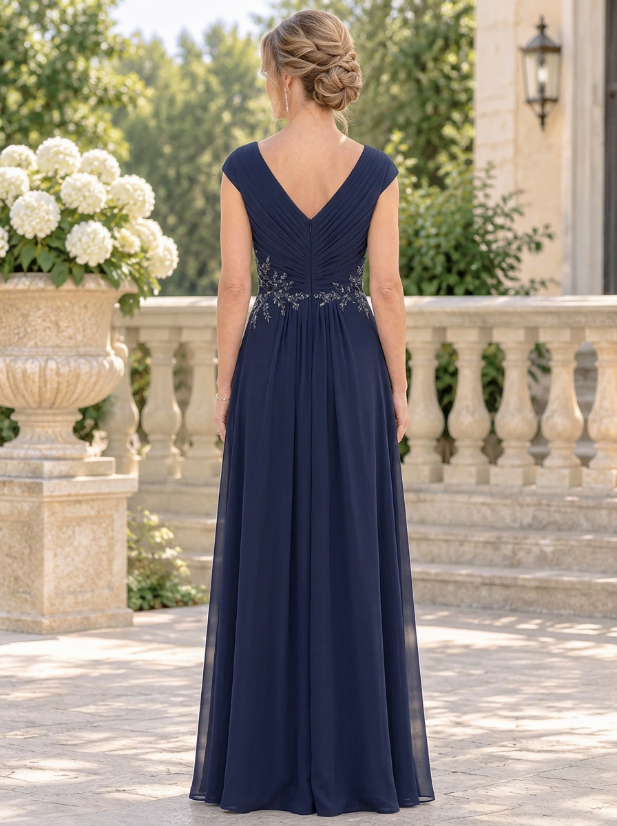 Navy Blue V-Neck Ruched Beaded Chiffon A-Line Maxi Dress