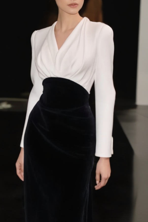 Formal Evening Dress Black White V Neck Maxi Velvet Dress