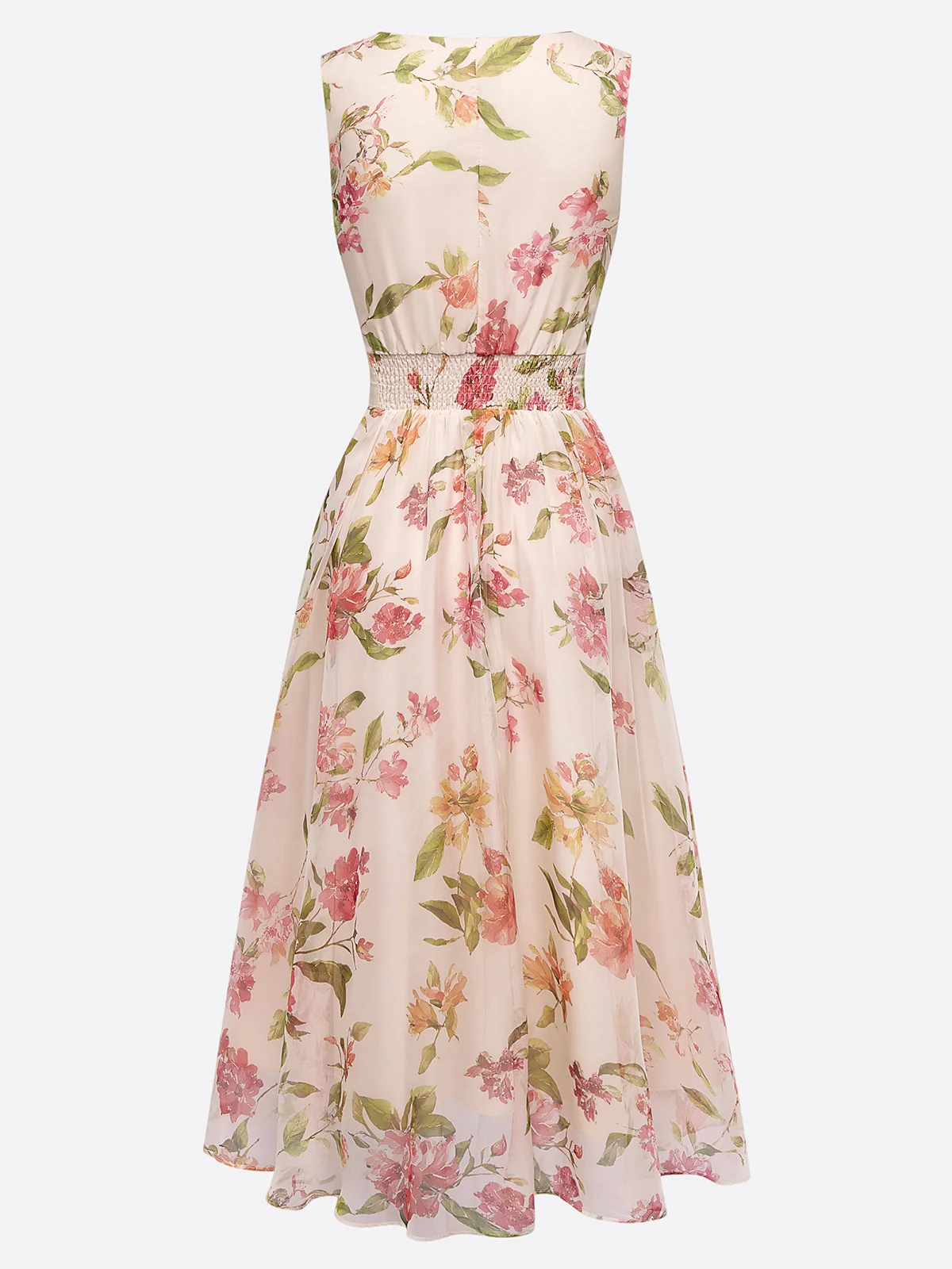 Beige Ruched Floral Chiffon V Neck Sleeveless A-Line Midi Dress