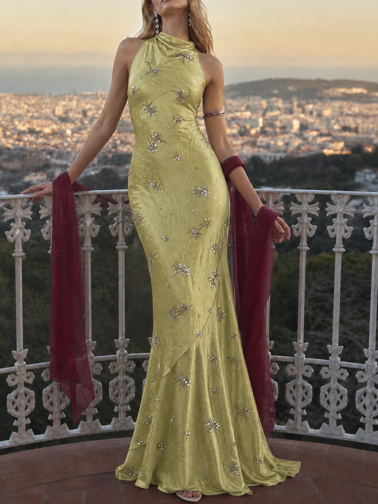 Lime Green Halter Floral Bead Crinkle Satin Mermaid Maxi Dress