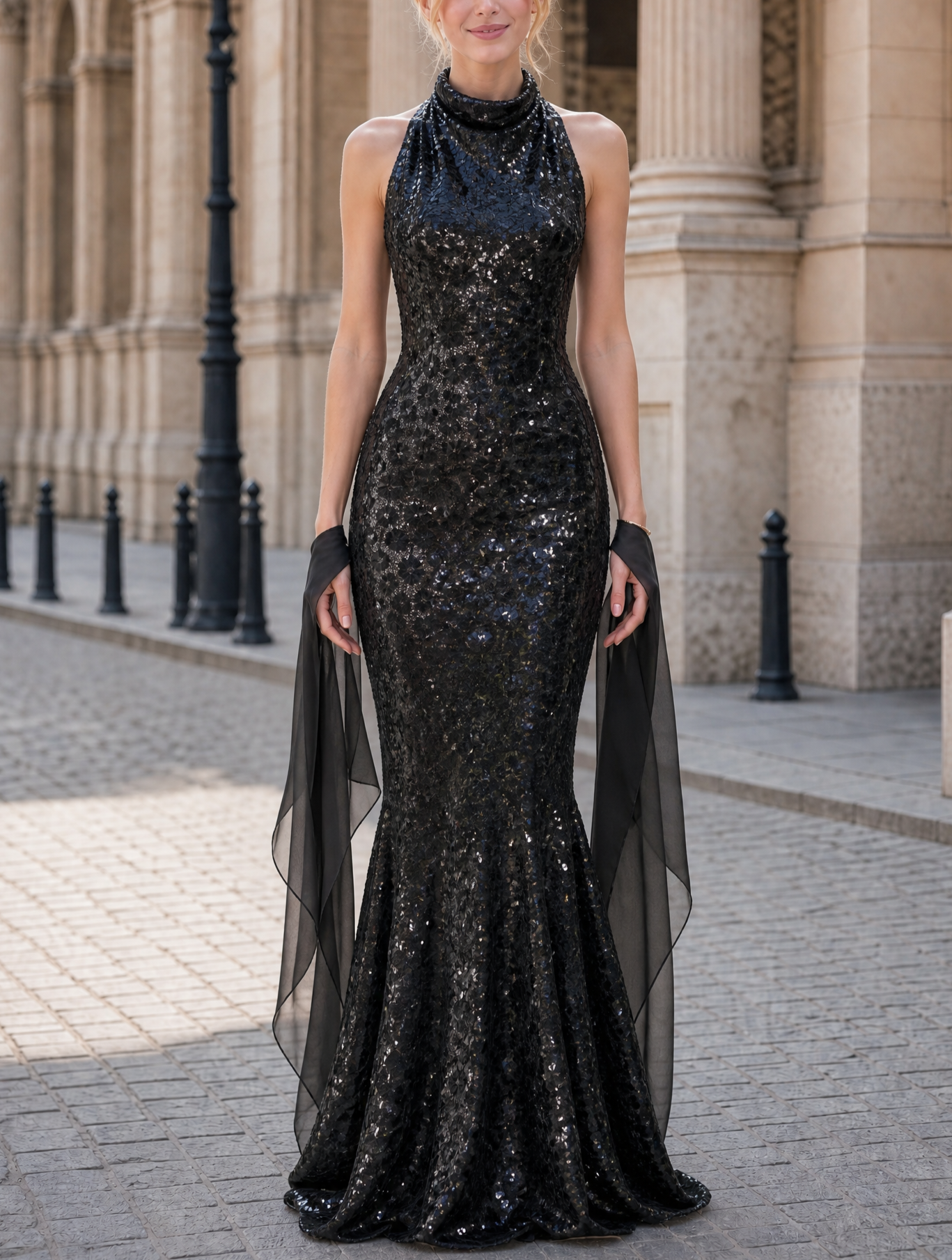 Black Sequin Halter Open Back Chiffon Cape Mermaid Maxi Dress