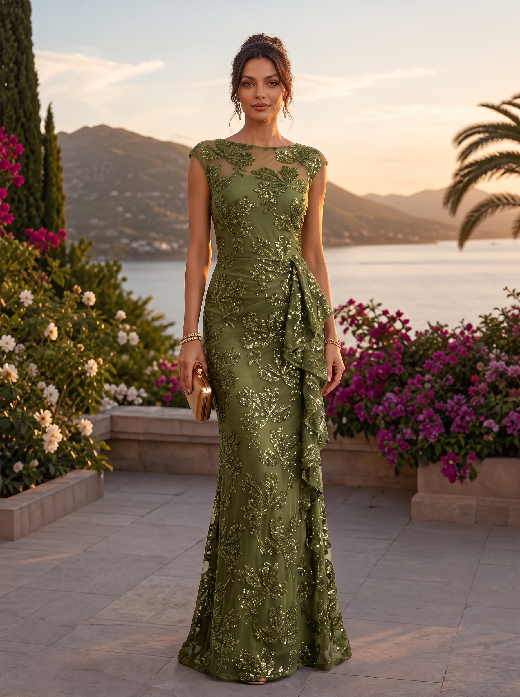 Olive Green Cap Sleeve Leaf Sequin Mesh Ruffle Mermaid Maxi Dress