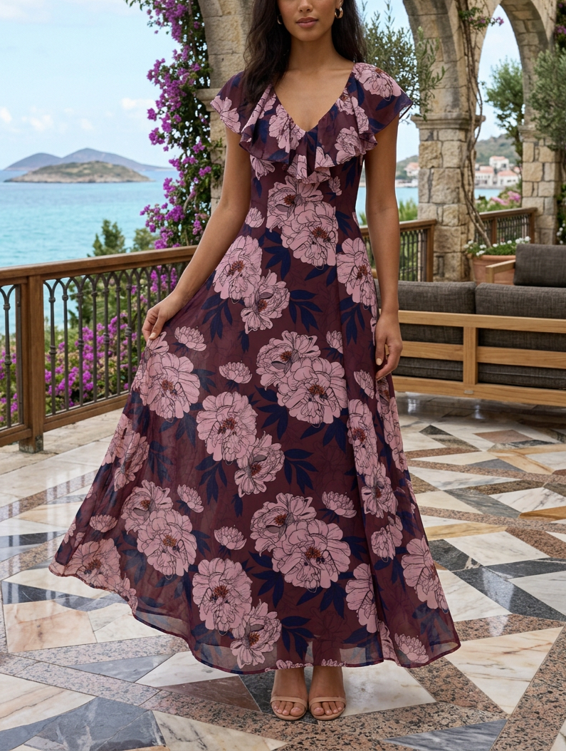 Burgundy Pink Floral Ruffle Chiffon Midi Dress
