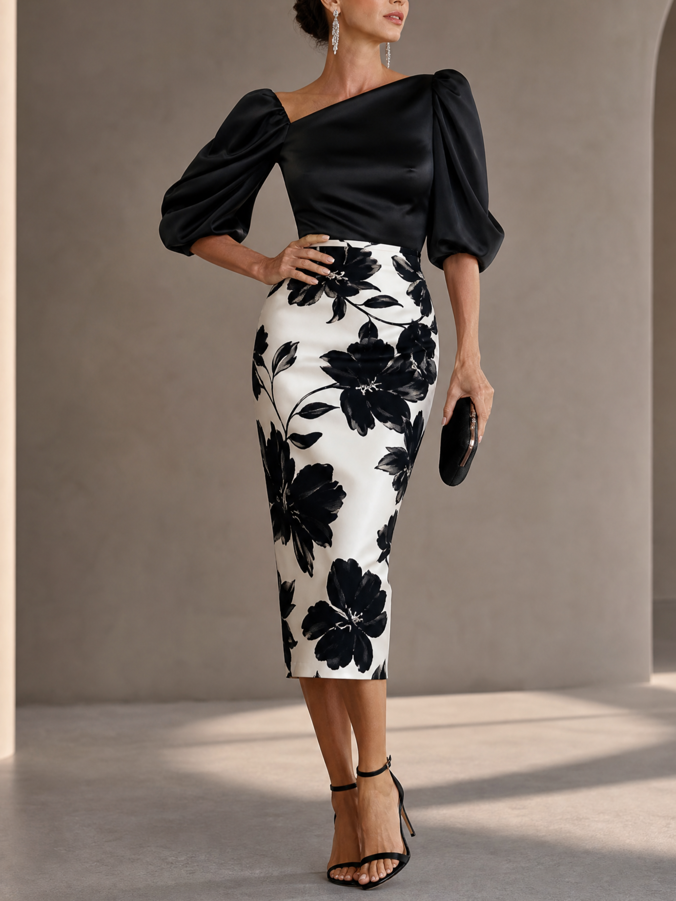 Black White Asymmetrical Puff Sleeve Floral Midi Dress