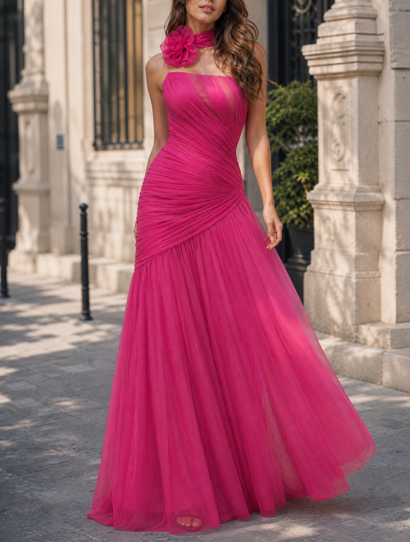 Hot Pink Sleeveless Strapless A-Line Floral Choker Evening Dress