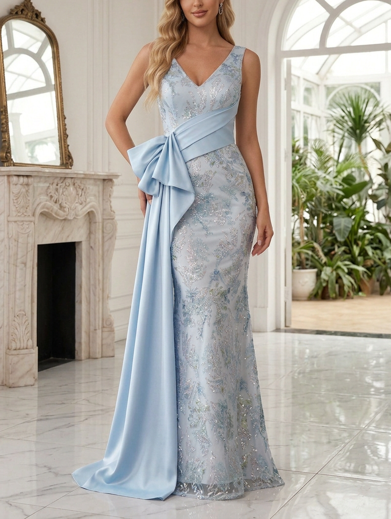 Light Blue Sequin Lace Sleeveless V Neck Mermaid Evening Gown