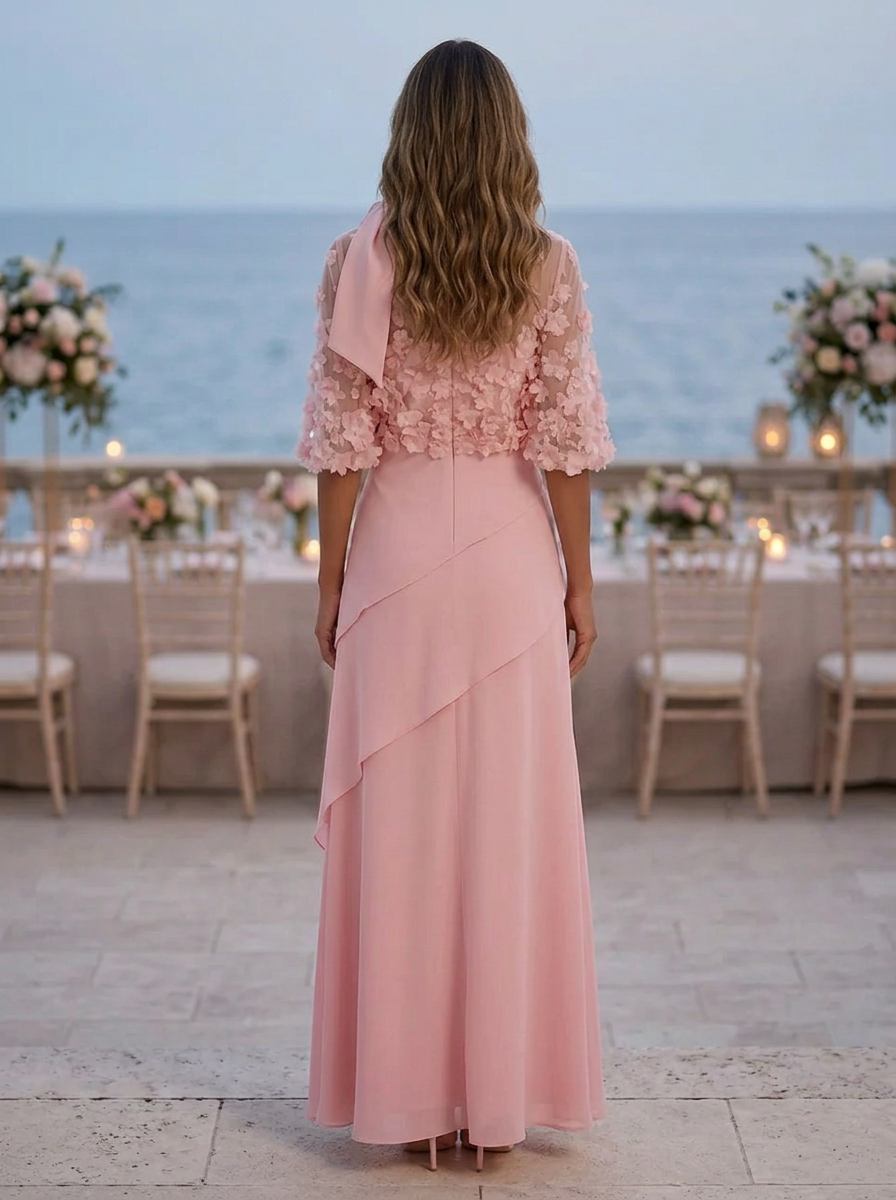 Blush Pink Floral Lace Bow Three-Quarter Sleeve Maxi Dress