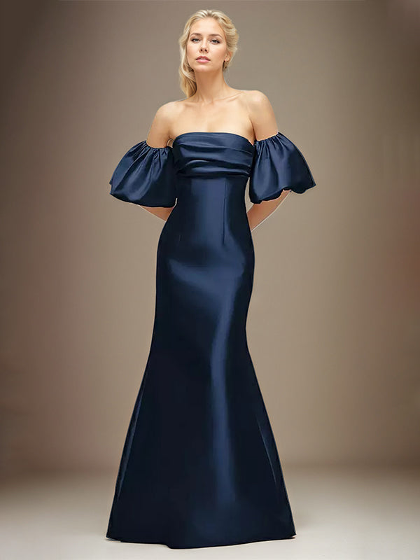 Navy Blue Satin Sheath/Column Off the Shoulder Puff Sleeve Floor Length Dress