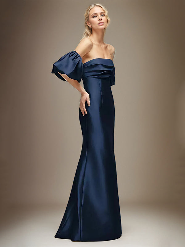 Navy Blue Satin Sheath/Column Off the Shoulder Puff Sleeve Floor Length Dress
