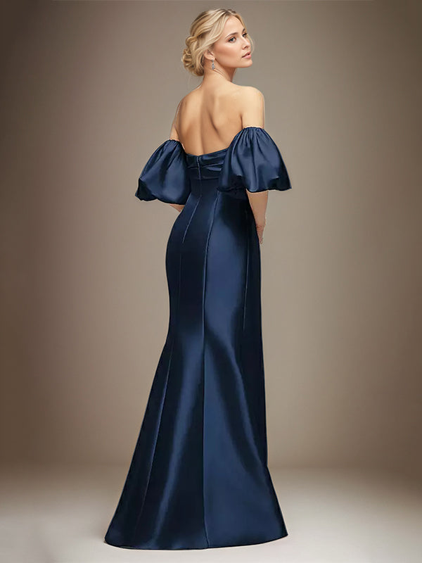 Navy Blue Satin Sheath/Column Off the Shoulder Puff Sleeve Floor Length Dress