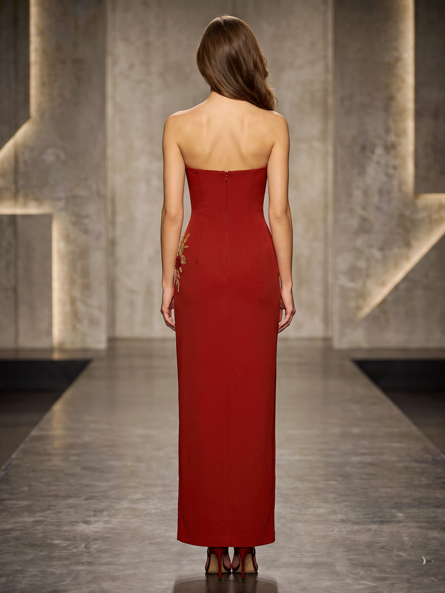 Burgundy Strapless Gold Embroidered High Slit Maxi Dress