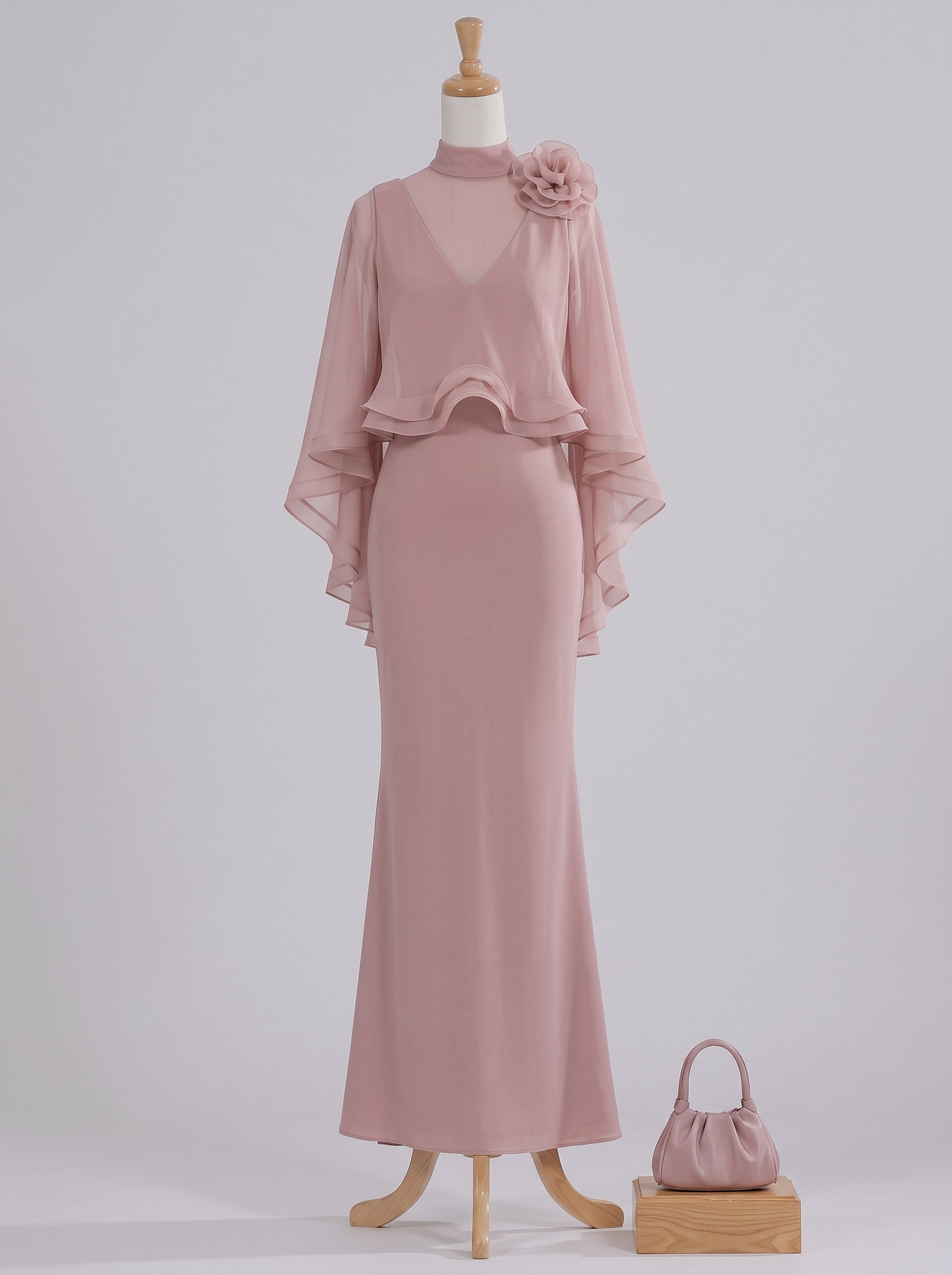Dusty Pink Chiffon Mock Neck Cape Sleeve Mermaid Floor‑Length Maxi Dress