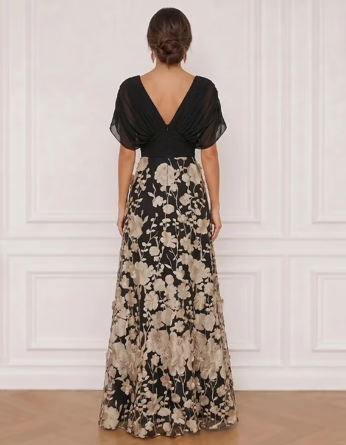Black And Gold Floral Appliqué V-Neck Chiffon Maxi Dress
