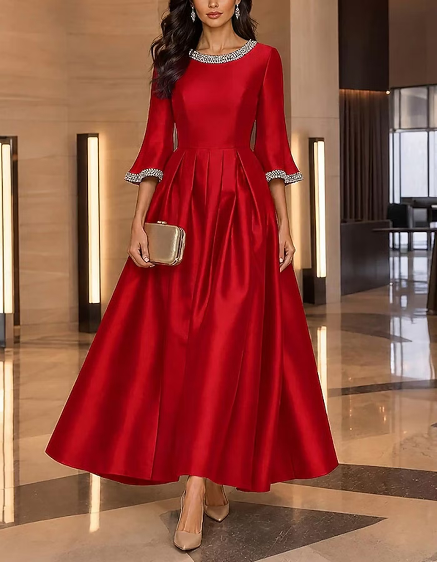 Navy Blue Round Neck 3/4 Flare Sleeve Rhinestone Embellished A-Line Midi Dress