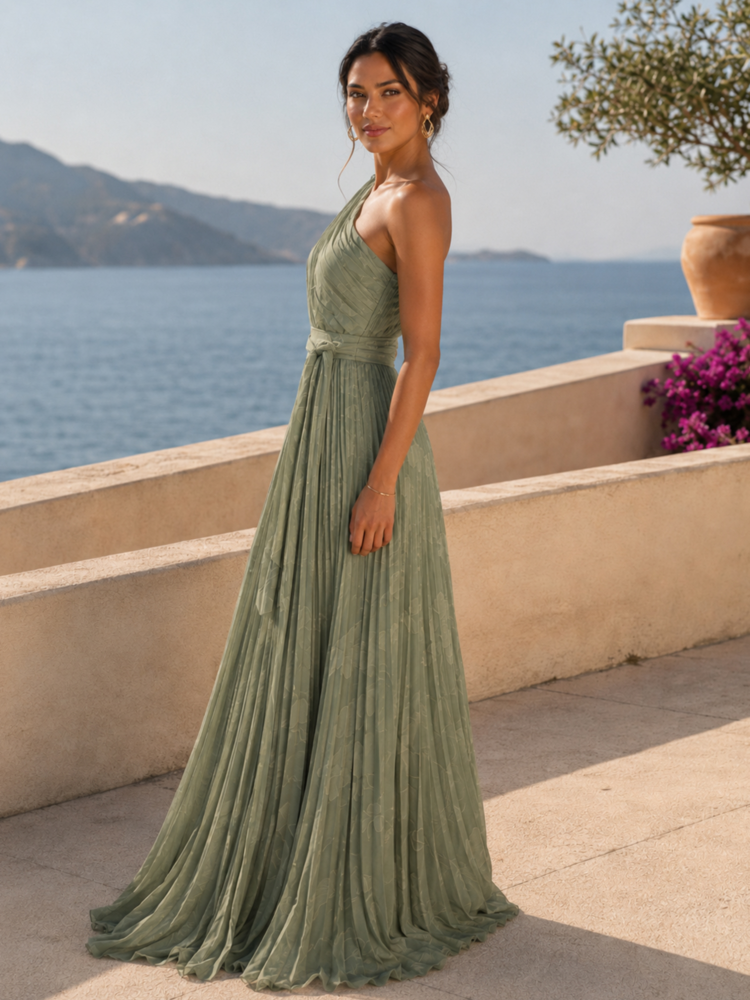 Sage Green One‑Shoulder Sleeveless A‑Line Pleated Chiffon Maxi Evening Gown
