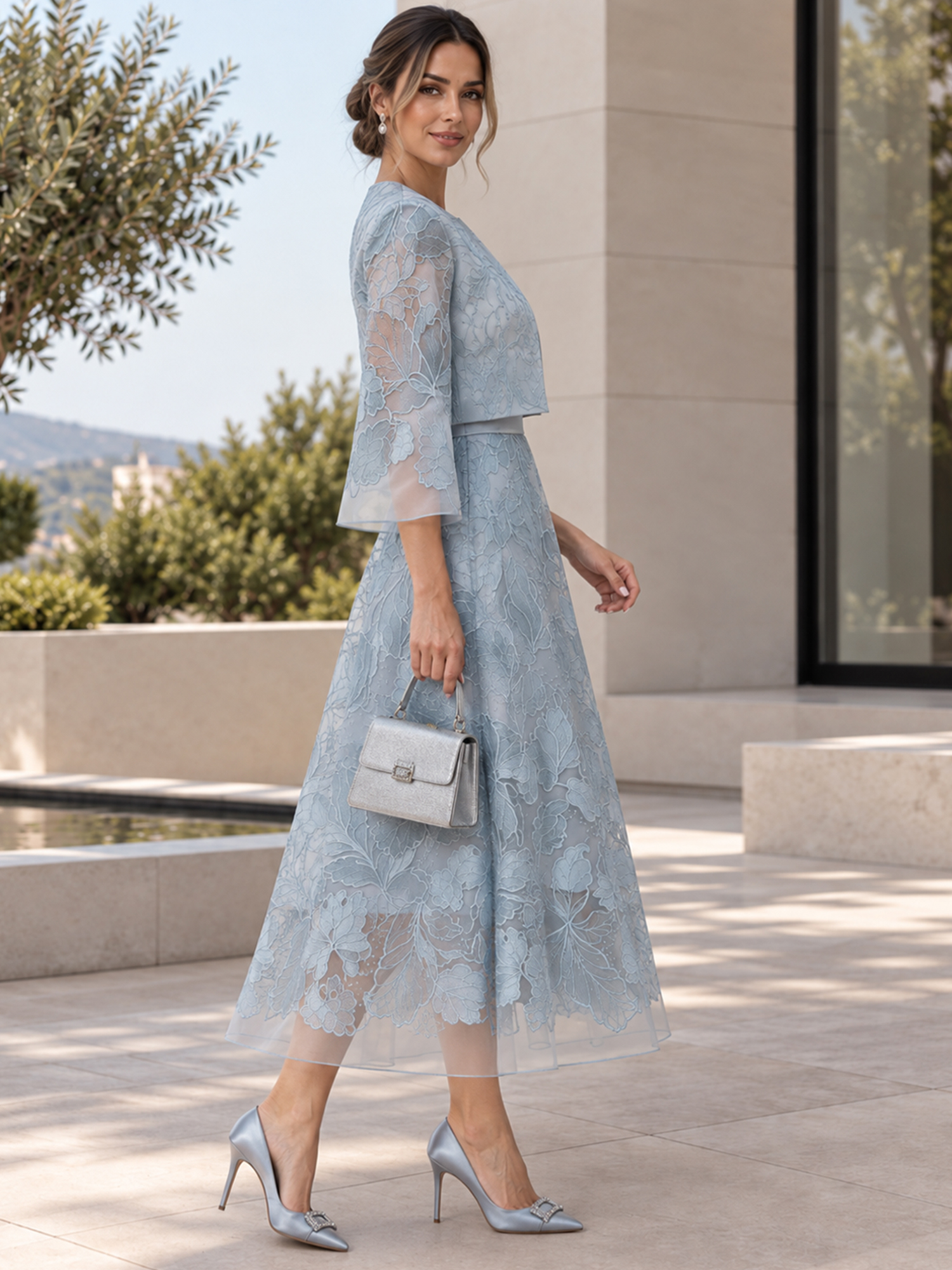 Dusty Blue Round Neck 3/4 Flared Sleeve Floral Embroidered Two-Piece A-Line Midi Dress
