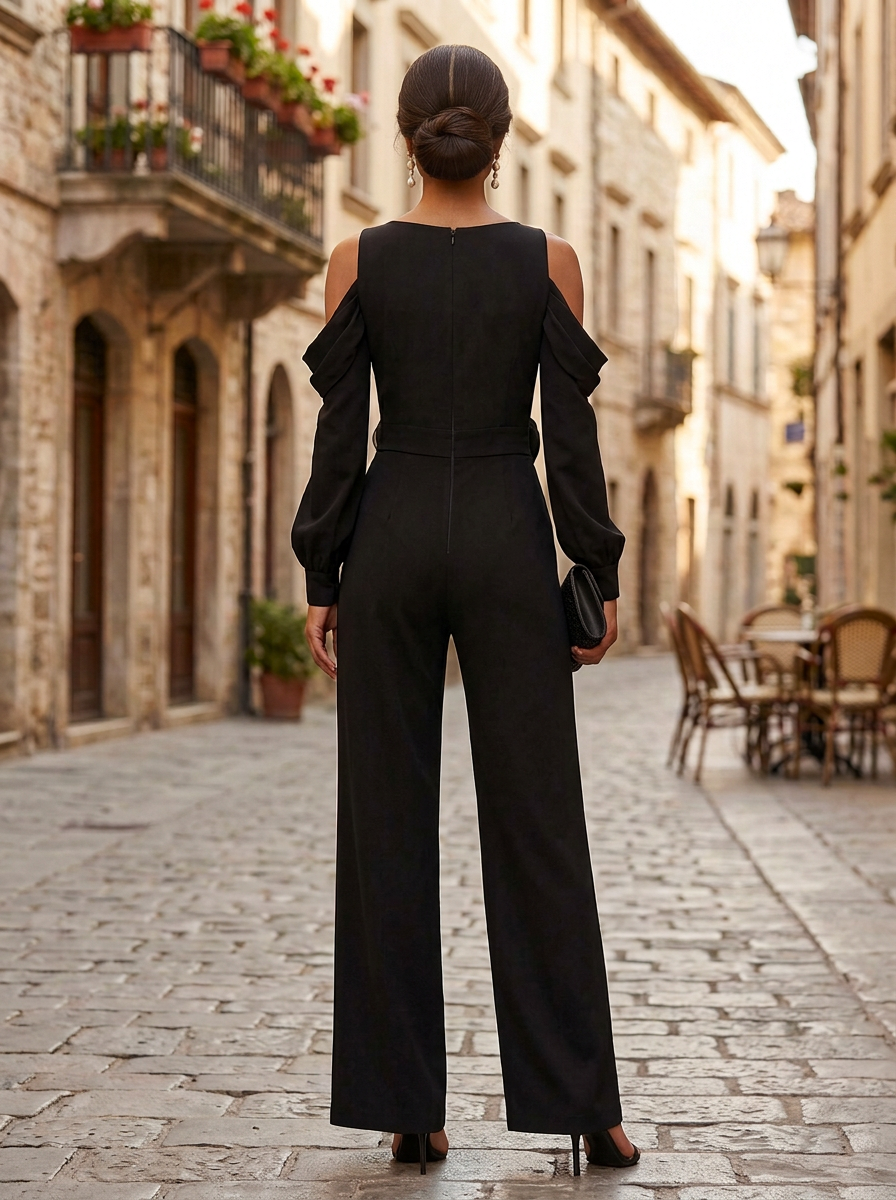 Black Round Neck Chiffon Off Shoulder Jumpsuit