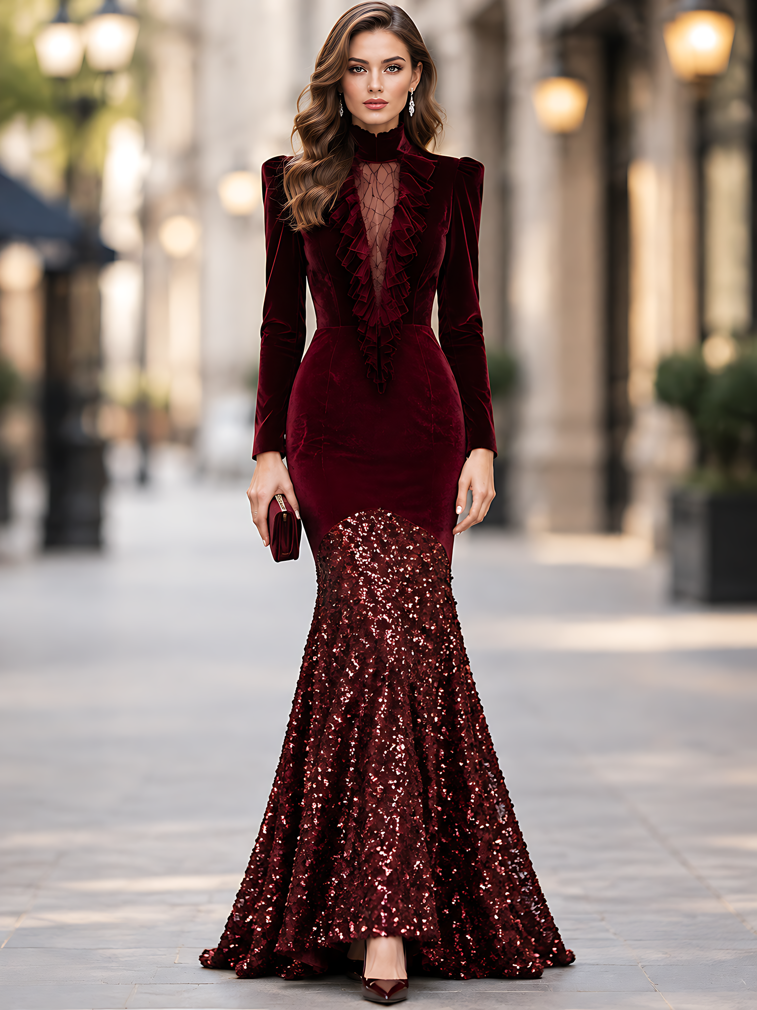 Burgundy Velvet High Neck Ruffle Sequin Mermaid Maxi Dress