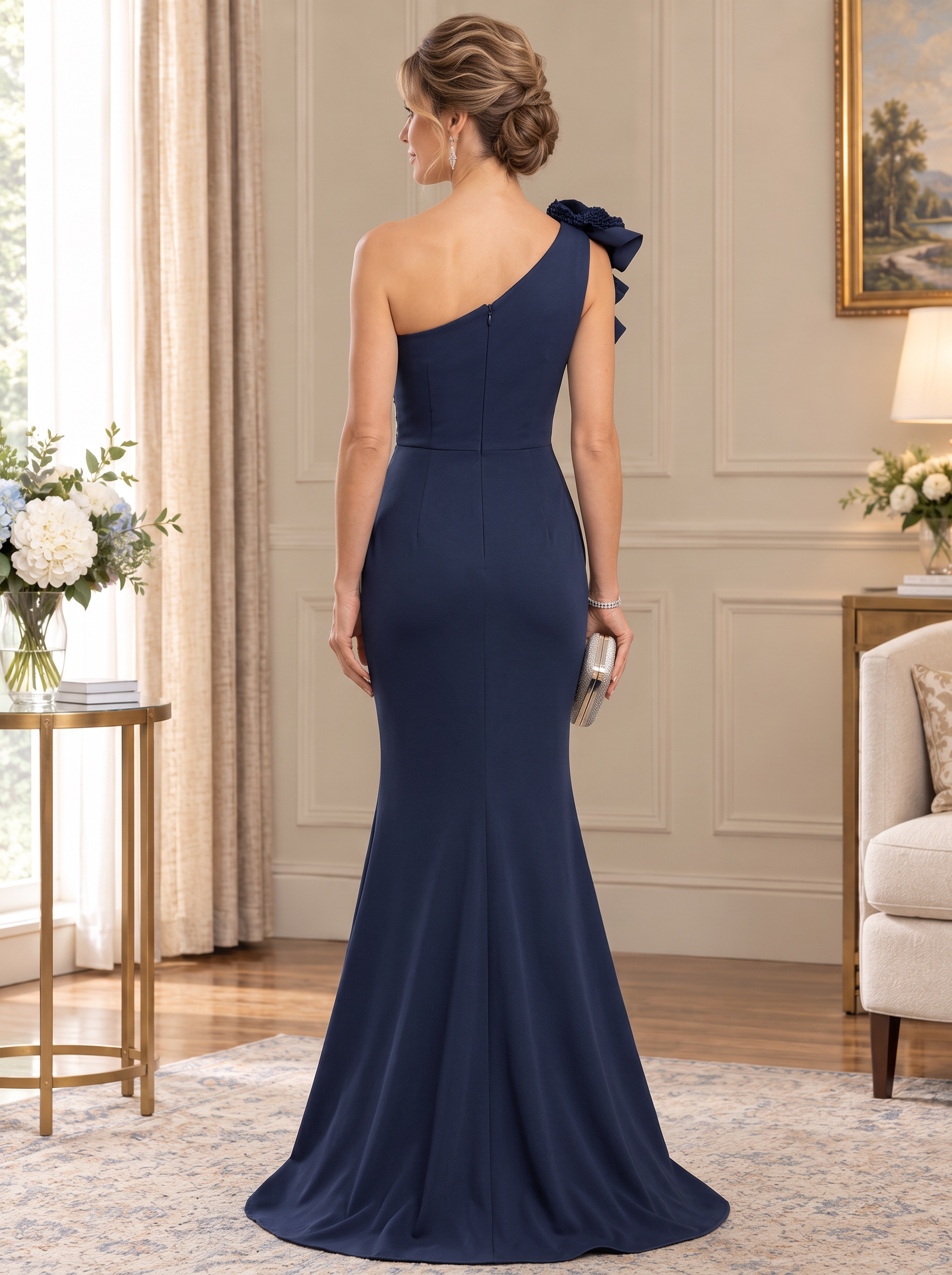 Navy Blue 3D Floral Applique Chiffon One-Shoulder Maxi Dress