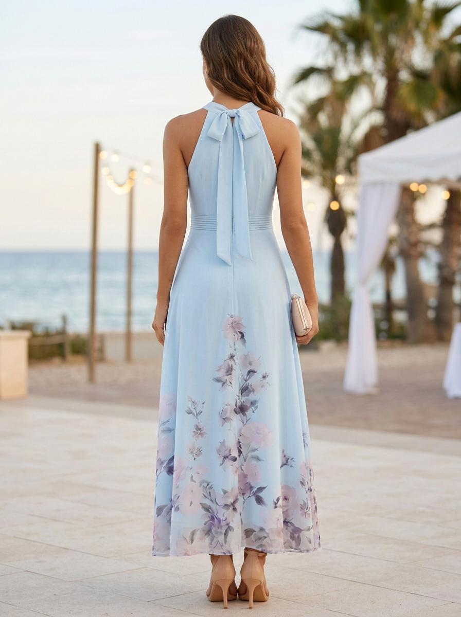 Light Blue Chiffon Floral Print Halter Neck Tie A-Line Maxi Dress