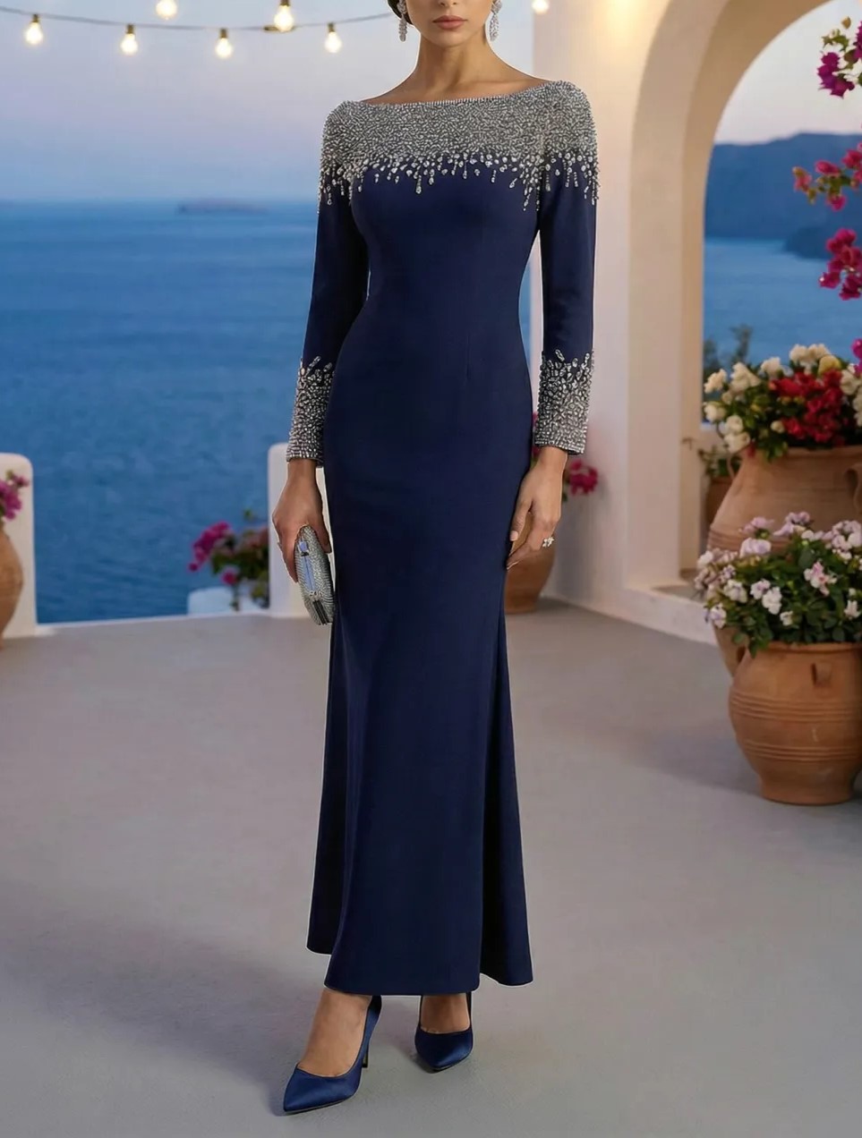 Elegant Dress Navy Boat Neck Rhinestone Maxi Dress