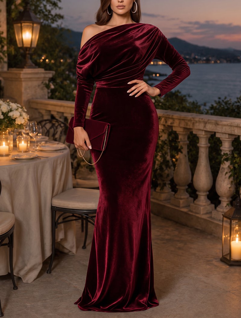 Burgundy Mermaid Off-the-Shoulder Long Sleeves Velvet Maxi Dresses with Ruched