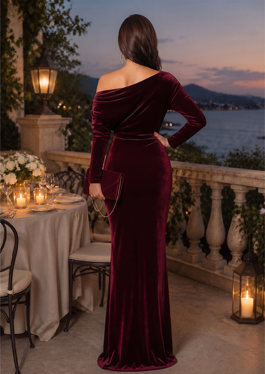 Burgundy Mermaid Off-the-Shoulder Long Sleeves Velvet Maxi Dresses with Ruched