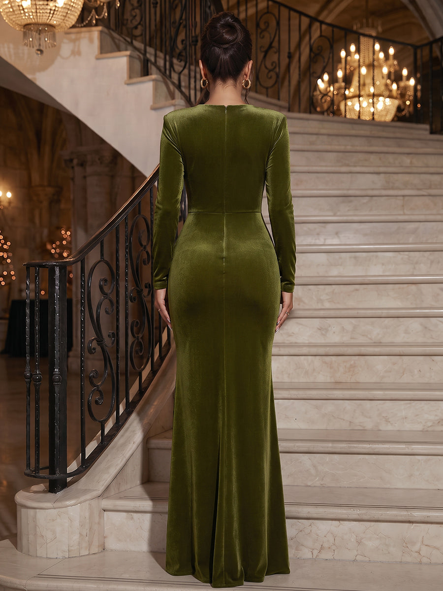 Olive Green Sheath V-Neck Long Sleeves Velvet Maxi Dress with Pleats&Sash