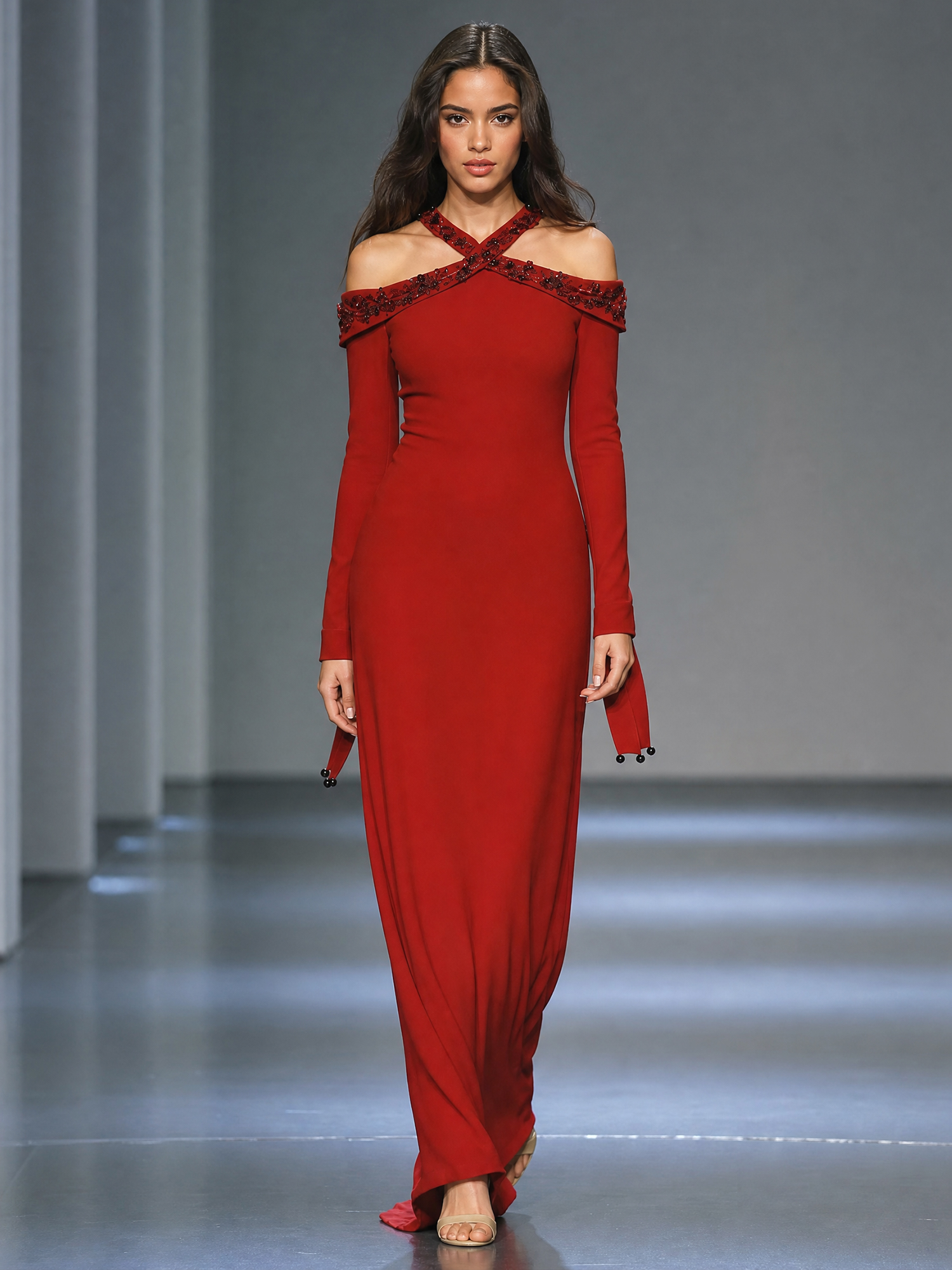 Red Off Shoulder Long Sleeve Beaded Maxi Dress