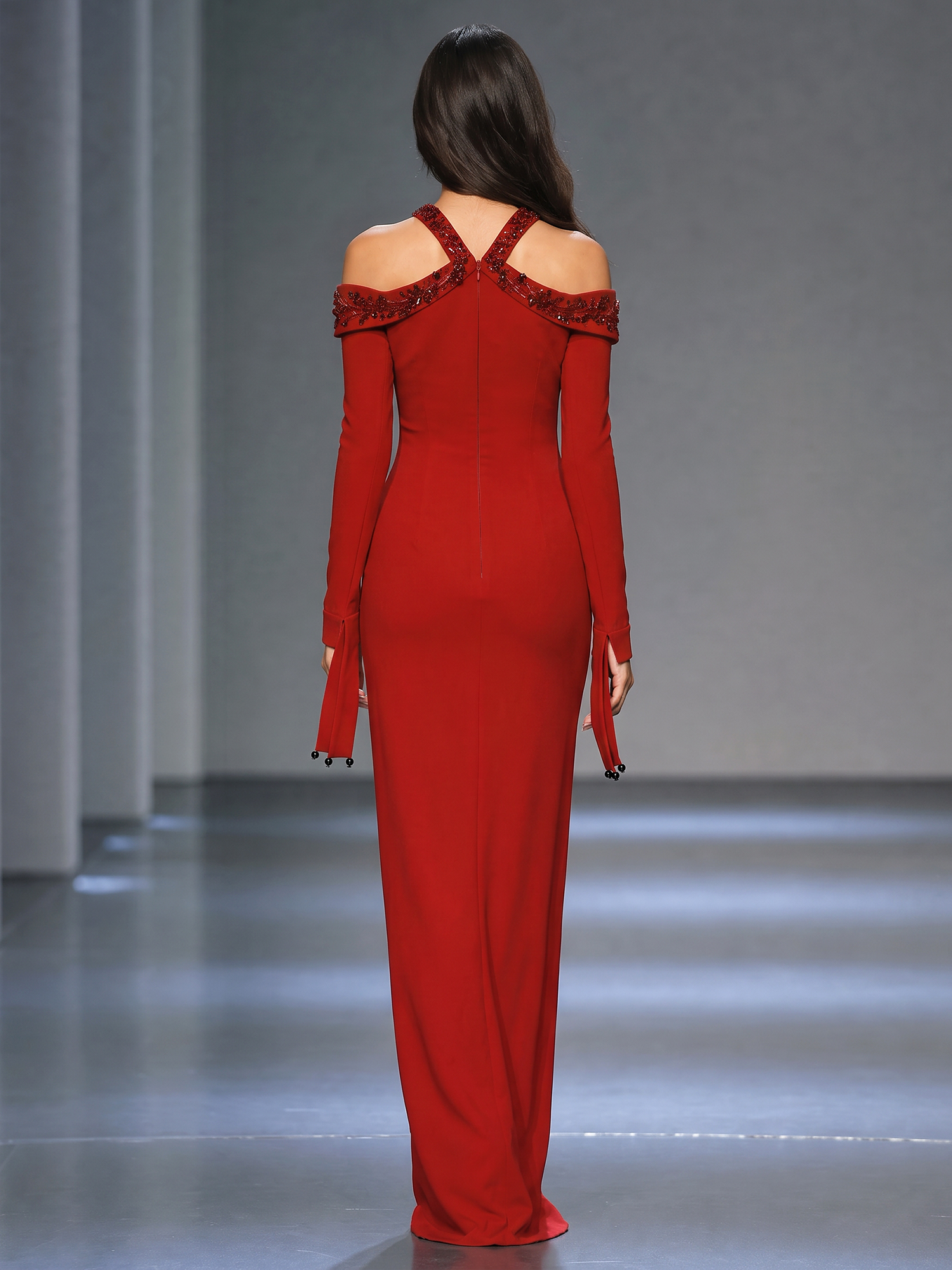 Red Off Shoulder Long Sleeve Beaded Maxi Dress