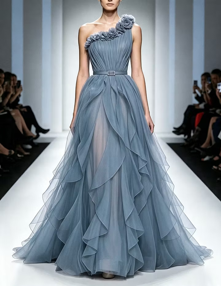 One‑Shoulder 3D Floral Tulle Ruffled Layers Waist Belt A‑Line Maxi Dress