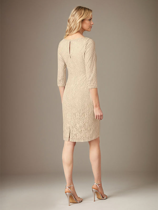 Champagne Sheath/Column Lace Boat Neck 3/4 Sleeves Knee Length Dress With Slit