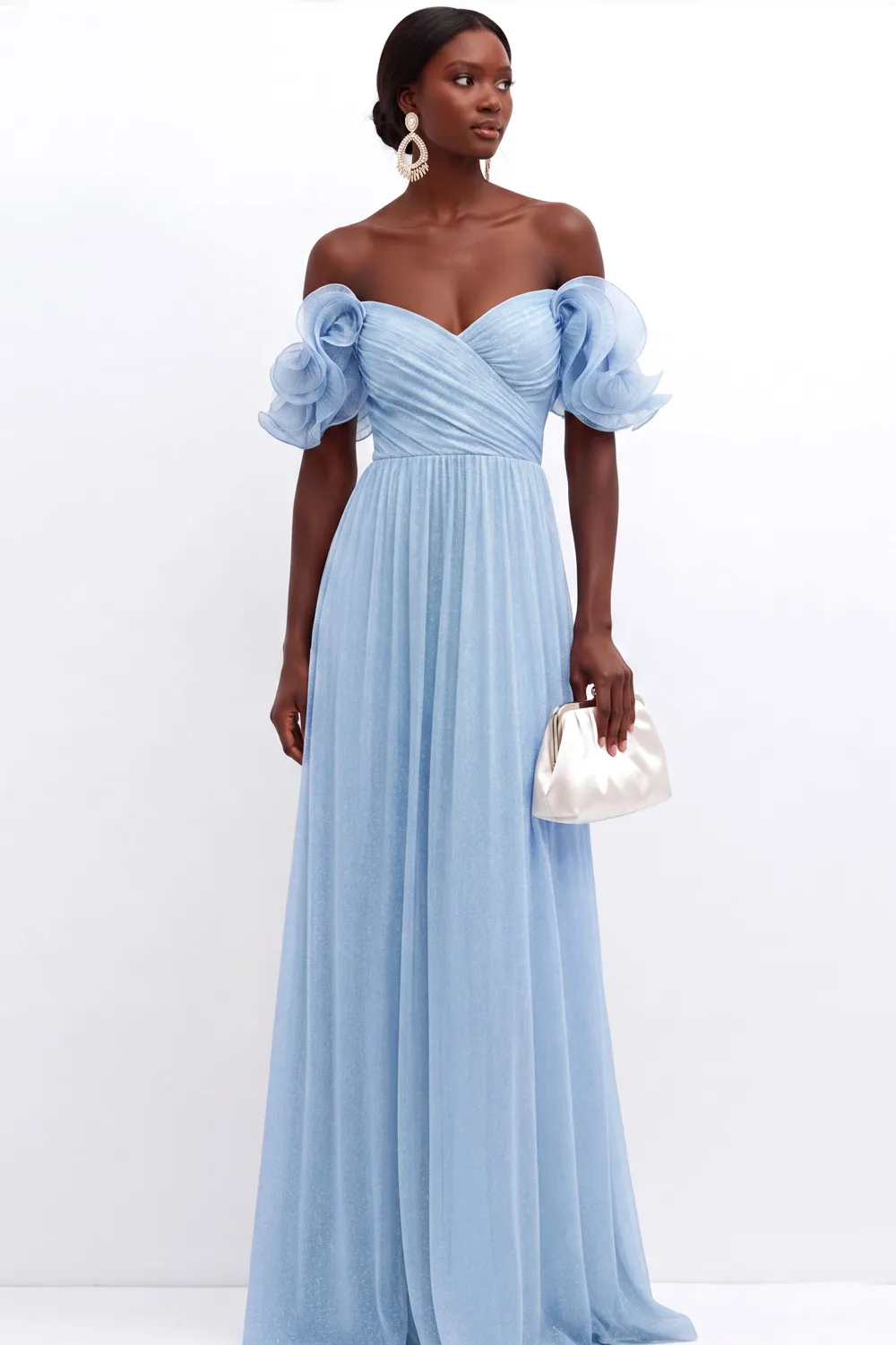 Light Blue Off Shoulder A-Line Pleated Chiffon Maxi Dress