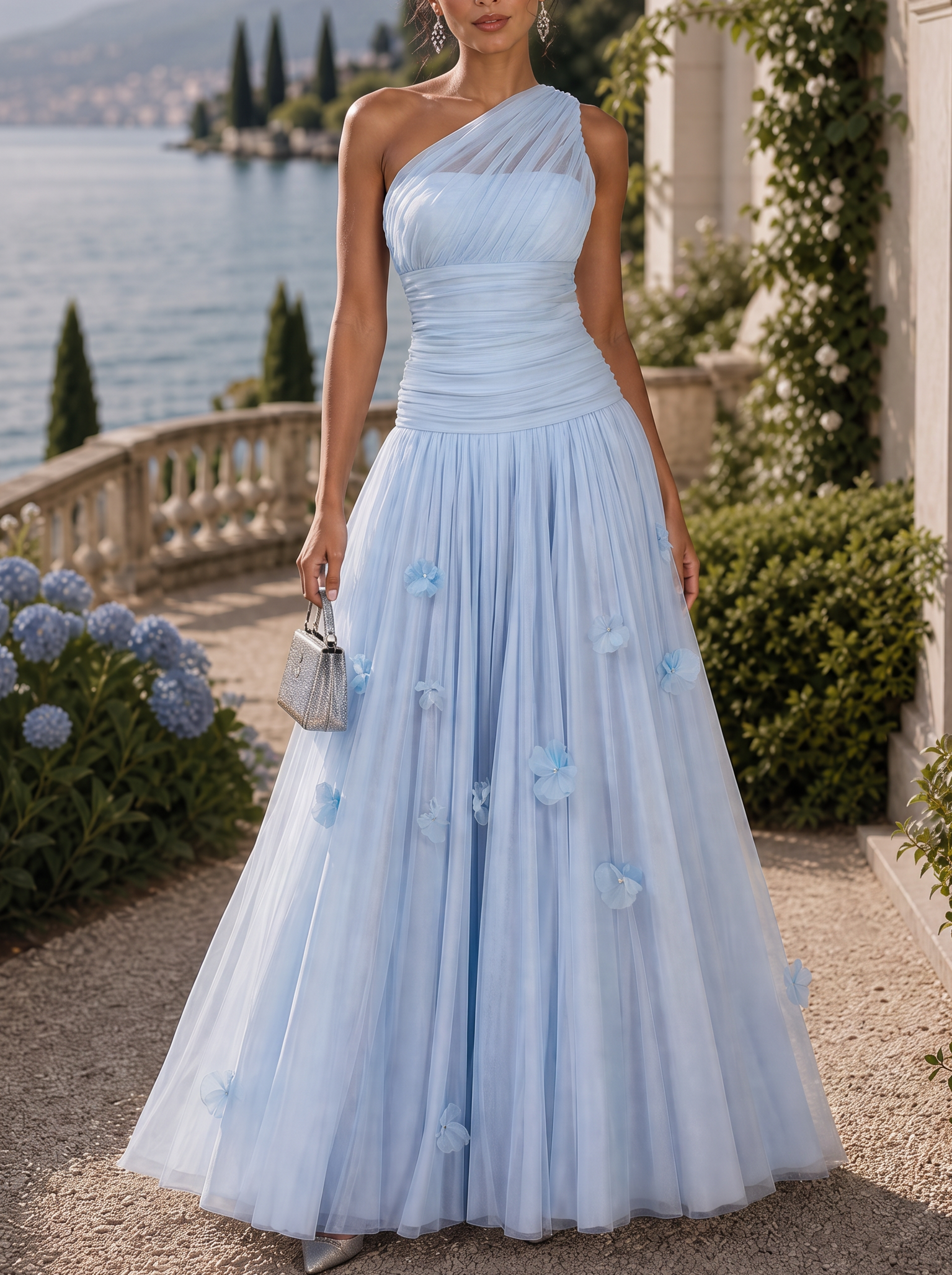 Light Blue One‑Shoulder Sleeveless A‑Line Maxi Gown With 3D Floral Appliqués