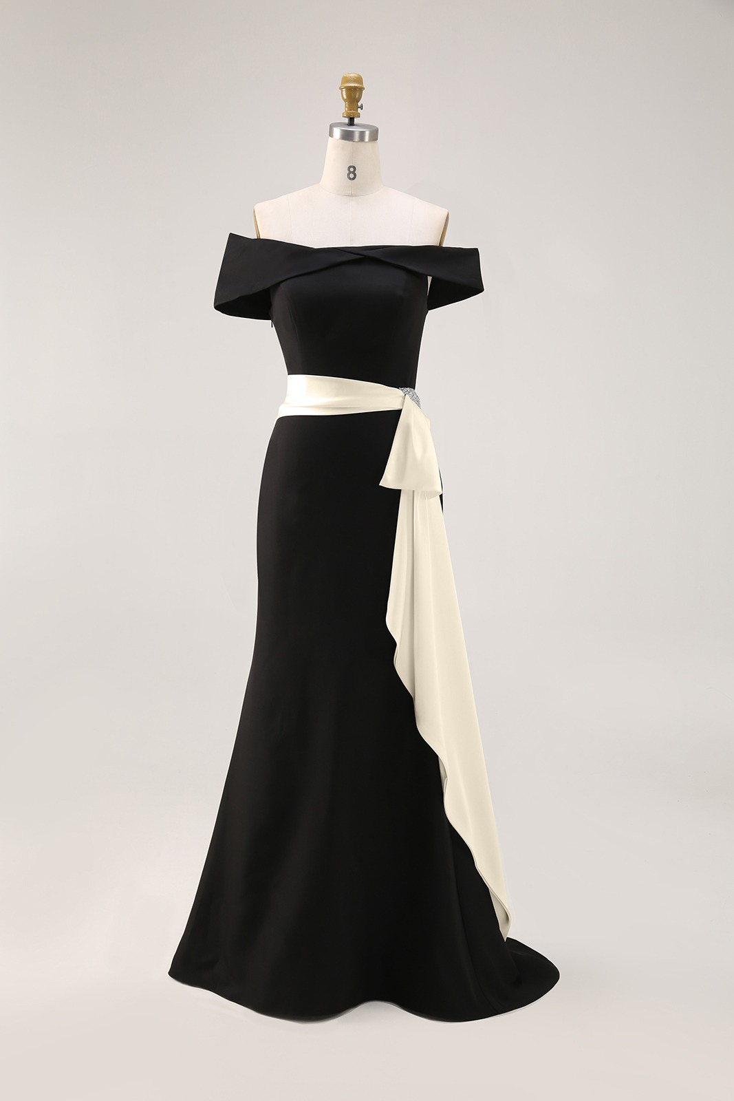 Elegant Evening Dress Black Off-The-Shoulder White Waistband Maxi Dress