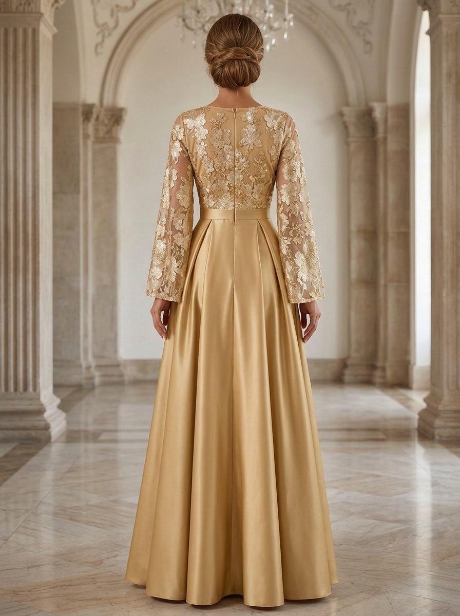 Satin A-Line Scoop Neck with Lace Appliques Bodice & Pleats Maxi Dress