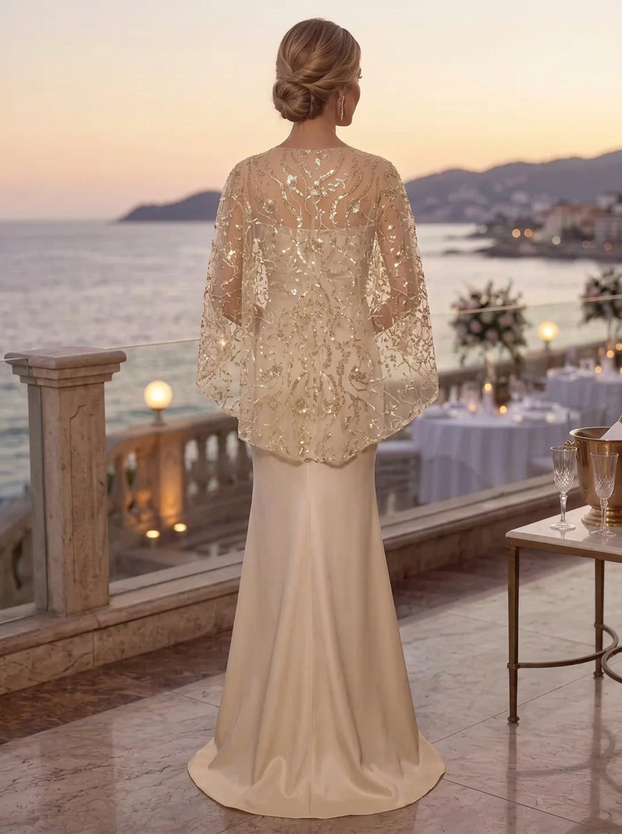 Champagne Round Neck Sequin Cape Mermaid Floor-Length Maxi Dress
